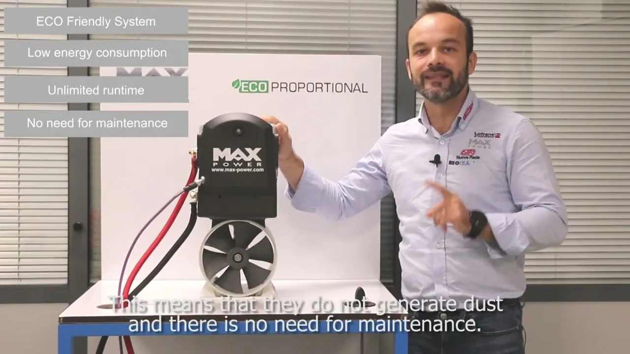 A still from Max Power's ECO video: a presenter beside a black ECO Proportional tunnel thruster on a bench, with the maker's claims listed down the left.