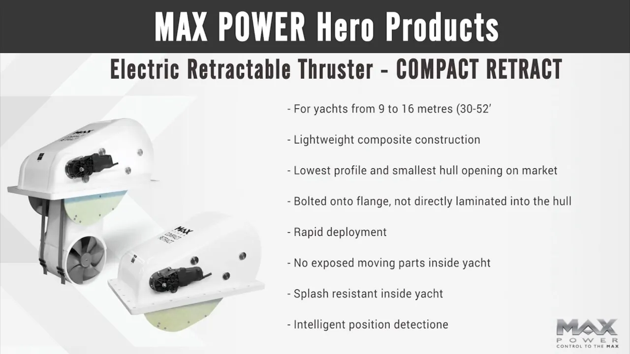 A still from Max Power's Hero Products reel: two views of the white Compact Retract retractable thruster with a list of its features.