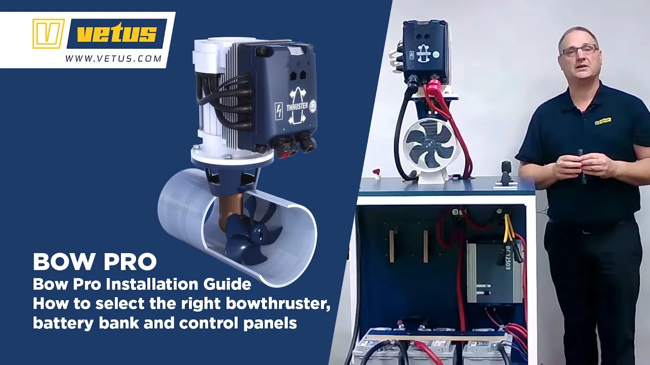 A still from VETUS's selection guide: the title card Bow Pro Installation Guide beside a presenter at a display stand with a thruster, batteries and a charger.